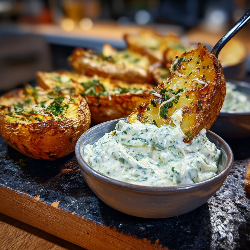Abendessen mit Ofenkartoffeln und Dip