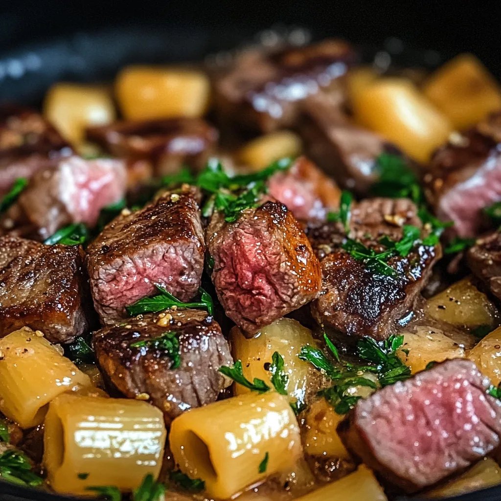 Knoblauchbutter-Steakspitzen mit käsigen Rigatoni