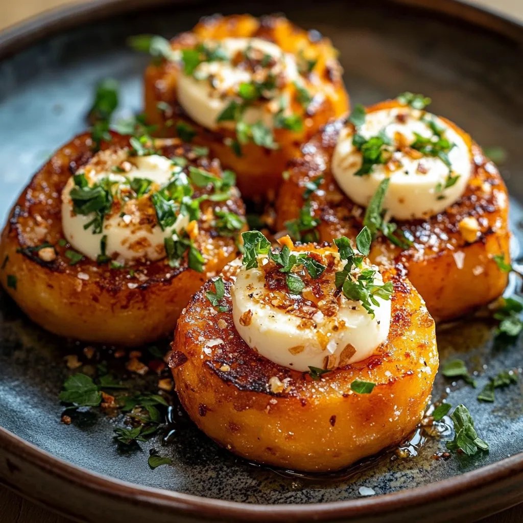 Süßkartoffelröllchen mit Ziegenkäse, Apfelscheiben und scharfem Honig